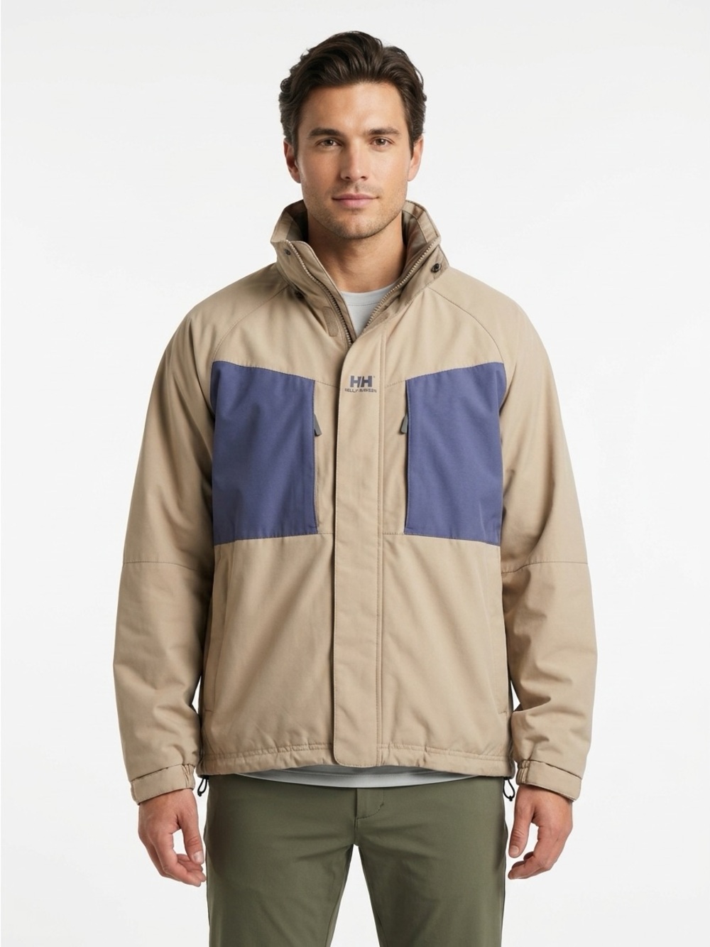 Helly Hansen Vintage Jacket Stowaway Hood Nylon Beige Blue Men's Large